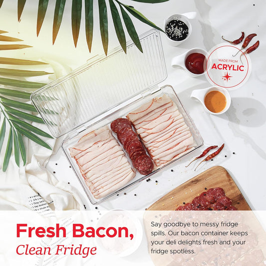Bacon Container For Refrigerator (2 Pack) Fridge Storage Organizer | Cheese & Deli Storage Container | Bacon Keeper | Cold Cuts Meat Saver | Cheese Holder, BPA Free