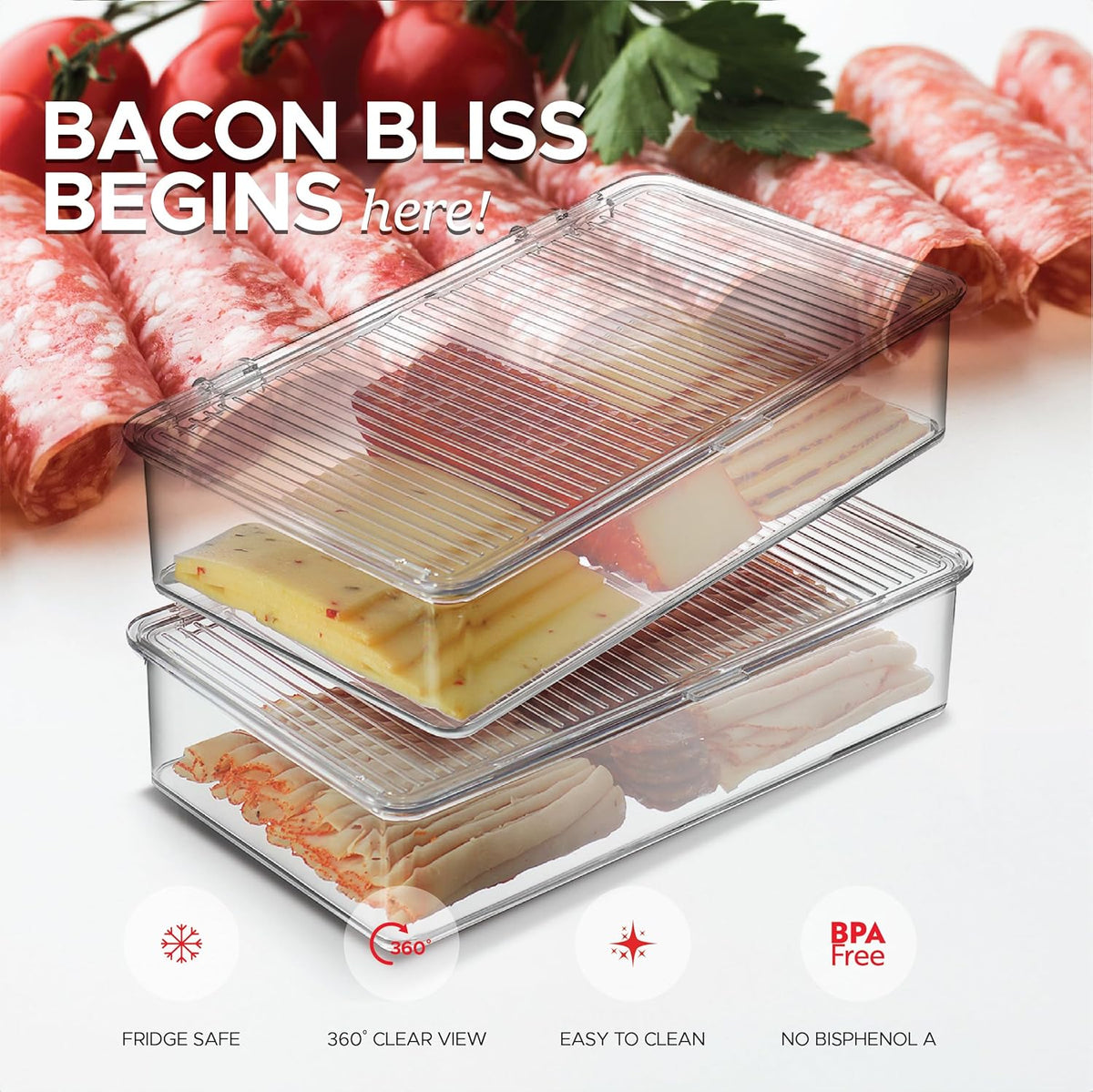 Bacon Container For Refrigerator (2 Pack) Fridge Storage Organizer | Cheese & Deli Storage Container | Bacon Keeper | Cold Cuts Meat Saver | Cheese Holder, BPA Free