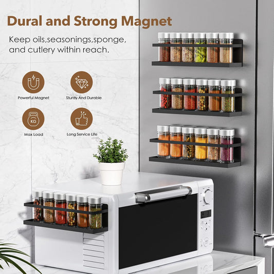 Magnetic Spice Rack for Refrigerator, Magnetic Fridge Shelf for Kitchen Spice Organizer, Spice Rack Wall Mount, Fridge Organizers and Storage (2, Black)
