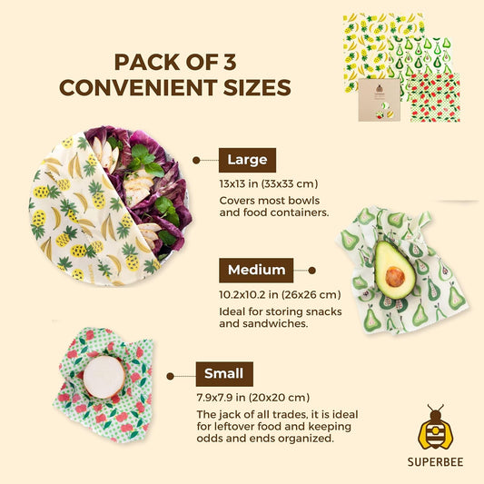 Beeswax Wrap for Food, Set of 3 Bees Wax Wraps, Reusable Bees Paper for Wrapping Vegetables, Cheese, Bowl Covers and Sandwich Wrapping Paper, Beeswax Food Wraps (Fruit Punch)