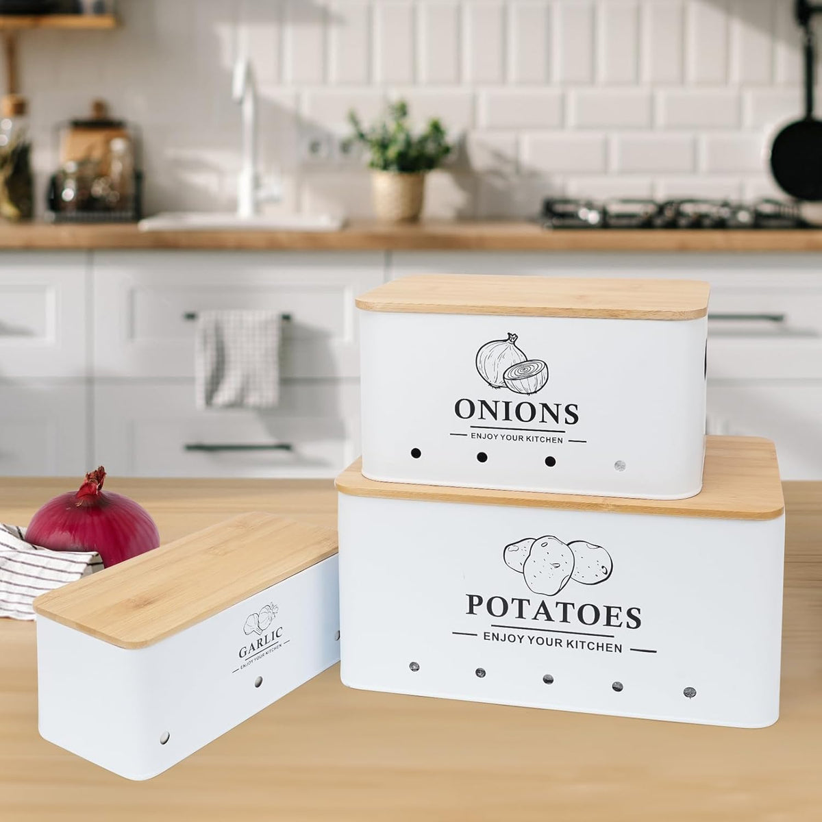 Kitchen Vegetable Storage Set of 3, Metal Onion Garlic Potato Storage Set, Kitchen Canisters Vegetable Keeper Containers with Aerating Holes and Wooden Lid (Dark Blue)