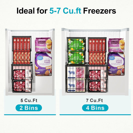 Deep Freezer Organizer Bins - Height-Adjustable Fit 12" Pizza, 2Pcs | Extra Large, Stackable For 5 to 7 Cu. Ft Chest Freezers, Easily Sort and Get Frozen Foods with Handles, No Digging, Black