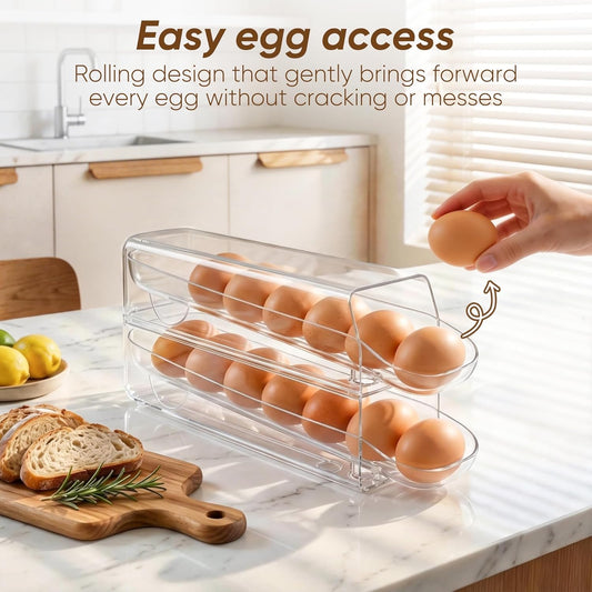 Auto Rolling Egg Dispenser for Refrigerator with Quick Removable Inner Tray, Space-Saving Egg Organizer and Holder, Egg Storage Container for Fridge, Easy to Load and Grab Eggs (1 Pack)