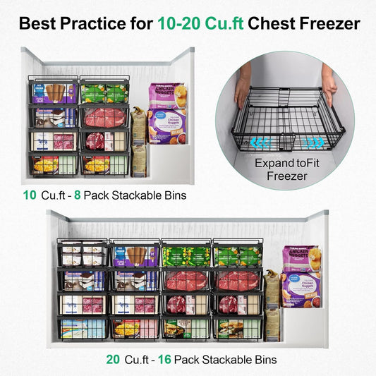 Deep Freezer Organizer Bins - Stackable Freezer Organizer Bins | 4 Pack For 10 to 20 Cu. Ft Chest Freezers, Wire Baskets for Frozen Food, Easy Food Access and Restocking, Black