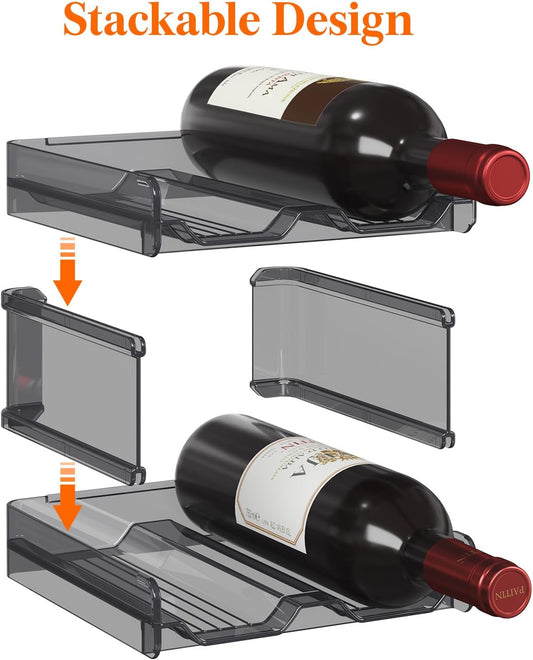 Stackable Wine Rack for Cabinet, Plastic Refrigerator Wine Holder | Black Water Bottle Storage Rack for Fridge Shelf, Tumbler Cup Organizer Holds 4 Bottles for Countertop, Kitchen Organization