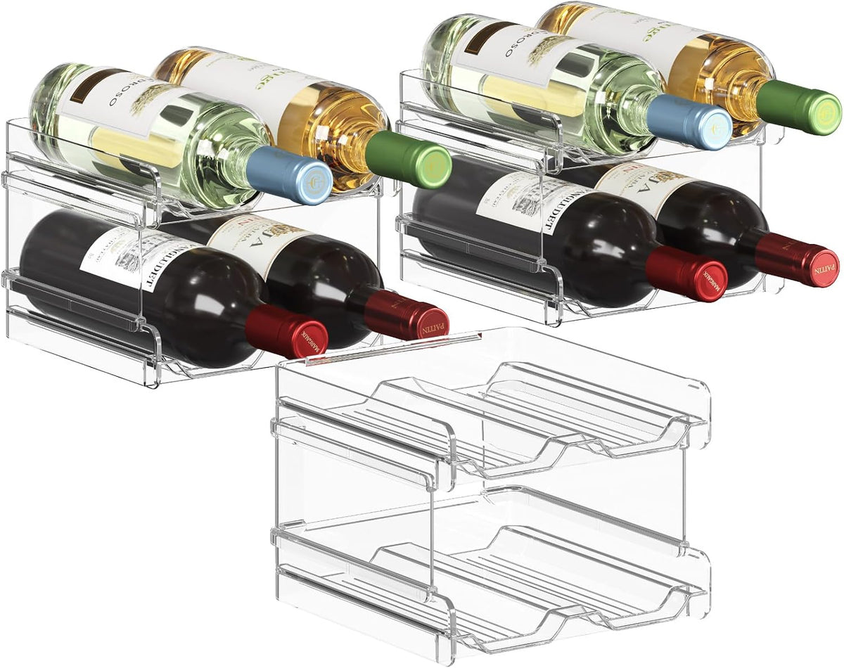 Stackable Wine Rack for Cabinet, Plastic Refrigerator Wine Holder | Black Water Bottle Storage Rack for Fridge Shelf, Tumbler Cup Organizer Holds 4 Bottles for Countertop, Kitchen Organization