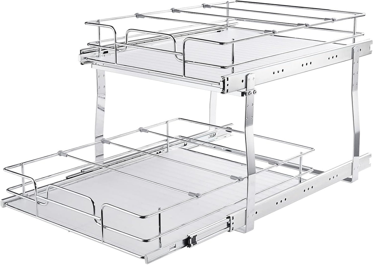 Pull Out Cabinet Organizer, 14" Wx21.2 Dx15.2 H Heavy 2 Tier Duty Slide Out Pantry Shelves, Chrome-Plated Steel Roll Out Drawer for Under Sink, 15.5" Wx22.5 Dx19 H Install Size for Cabinet