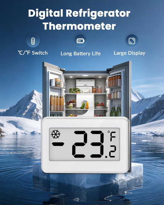 Refrigerator Thermometer Digital, Fridge Freezer Thermometer with Large LCD Display, Magnetic Freezer Temperature Gauge with ℃/℉ Switch for Kitchen, Home, Room, 3 Pack - White