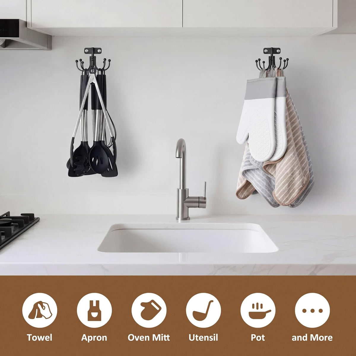 Kitchen Cooking Utensil Holder, 360° Rotating Kitchen Hooks for Hanging Utensils, Heavy Duty Metal Utensil Rack with 8 Storage Capacity for Utensil, Towel, Pot, Glove, Aprons, Silver