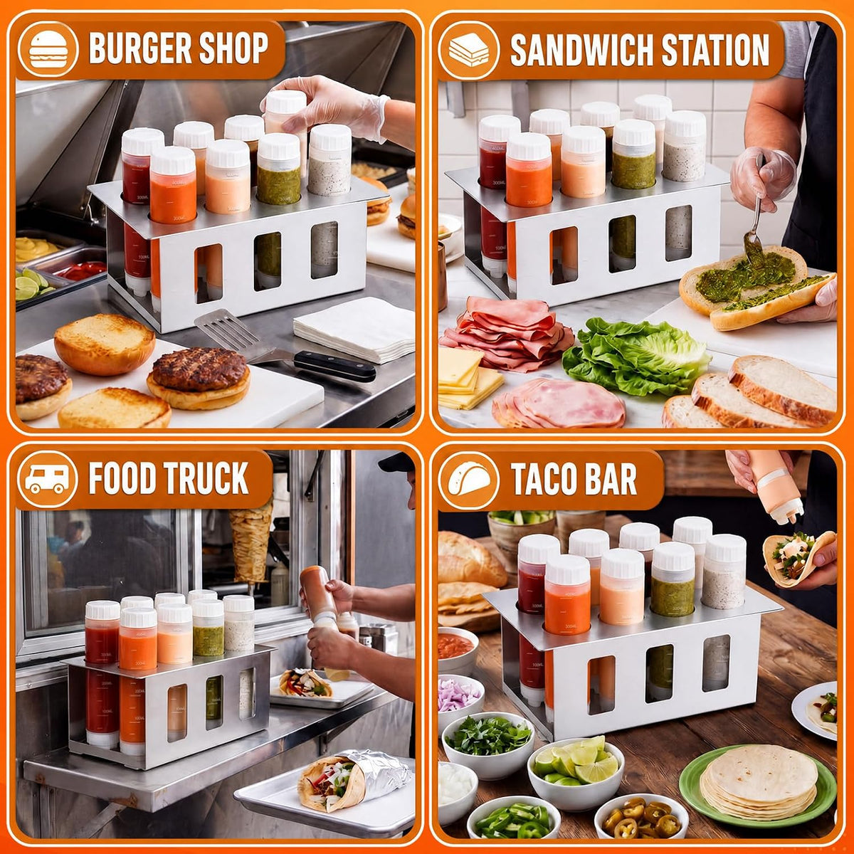 Wesiti Squeeze Bottle Holder with 8 Inverted Condiment Bottles Stainless Steel Sauce Organizer Rack with 2.64 Inch Openings for Restaurant Prep Station Commercial Kitchen Food Truck and BBQ