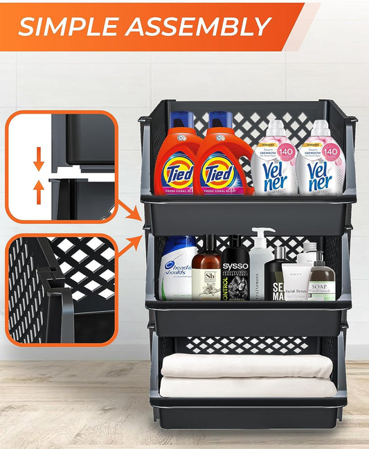 Stackable Storage Bins Open Front for Pantry Storage, - Black | Sturdy Plastic, Easy Stacking, Open Front Access, Ventilated Sides, Vertical & Space Saving Pantry Organizers and Storage Bin