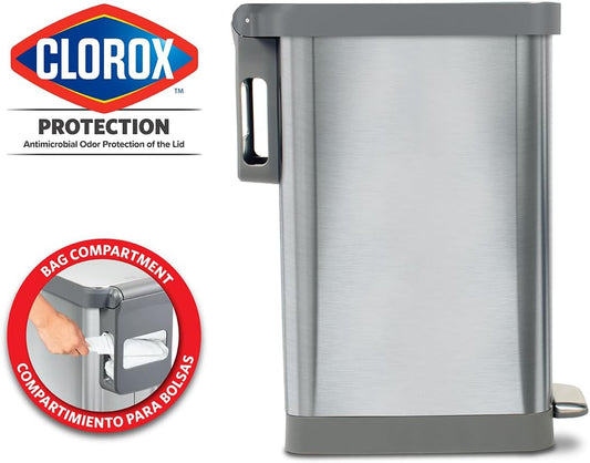 Glad Slim Trash Can with Clorox Odor Protection - Narrow Kitchen Garbage Bin with Soft Close Lid, Step On Foot Pedal and Waste Bag Roll Holder, All Stainless, 12 Gallon/45 Liter
