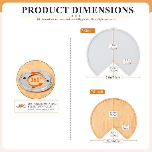 3 Pcs 24 Inch Banded Pine Wood Full Kidney Shaped Lazy Susan for Corner Base Cabinets with Steel Swivel Bearing for Kitchen Turntables Pantry Spice Can Storage, Not Include Metal Rod