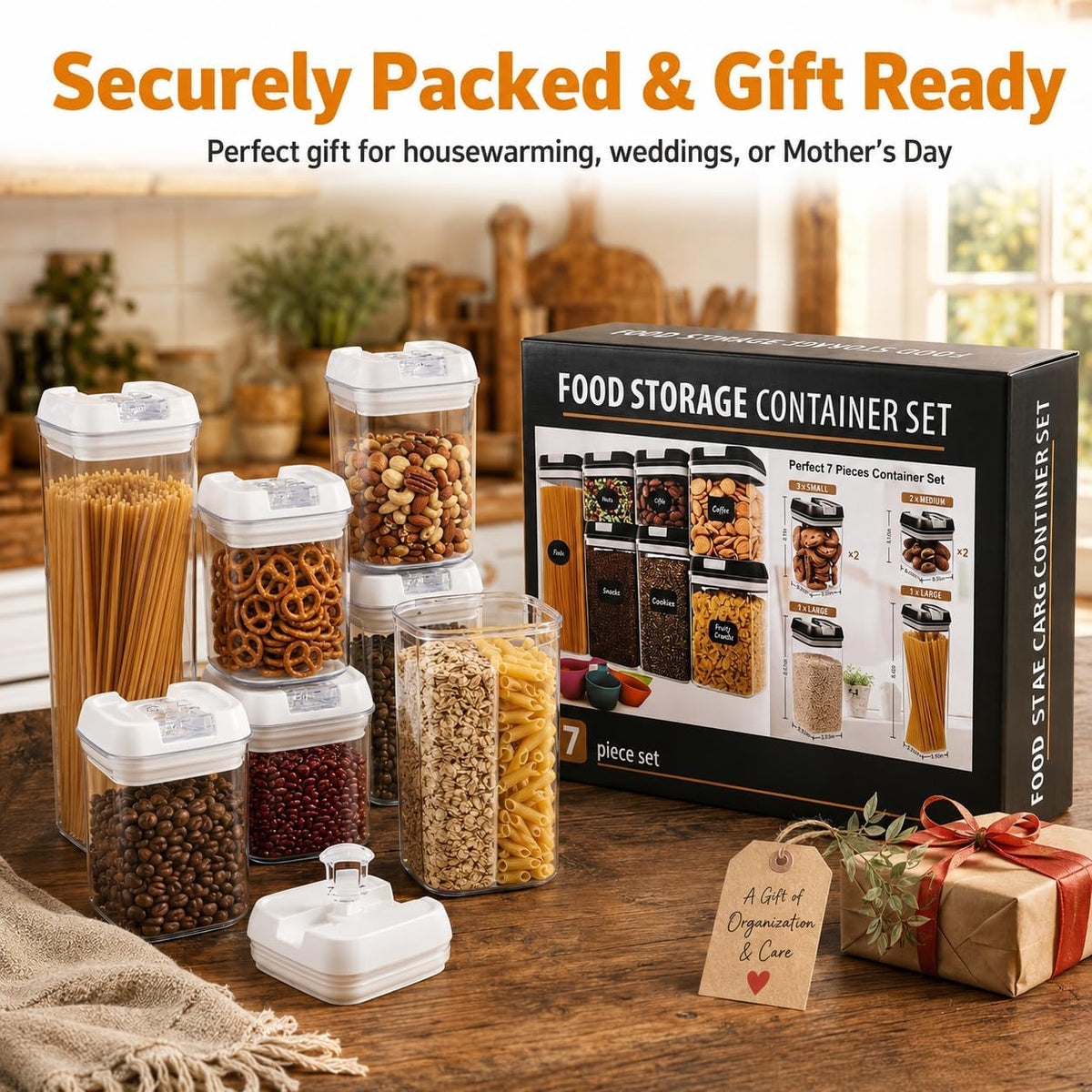 7-Piece Airtight Food Storage Containers with Lids, Clear Stackable Pantry Organization Set for Flour, Sugar, Cereal, Snacks and Kitchen Storage