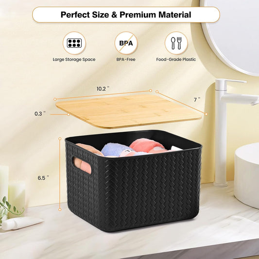 4 Pack Storage Bins with Bamboo Lids,Stackable Box for Organization | Plastic Storage Containers with Handle, Storages Baskets for Organizing Desktop Closet Playroom Classroom Office, White