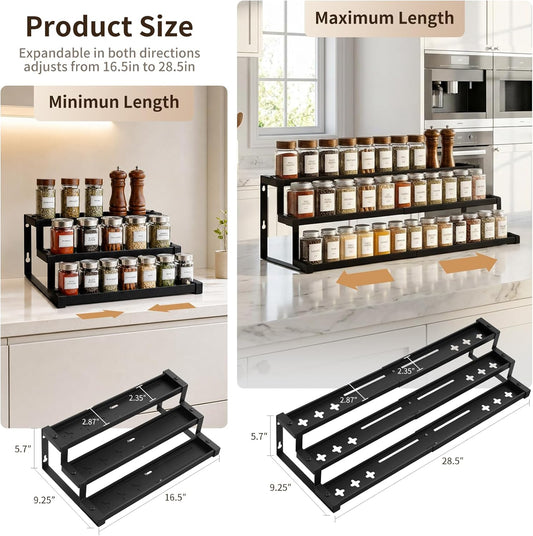Expandable Spice Rack Organizer for Cabinet, 3-Tier Adjustable Spice Shelf 16"-29", Seasoning Organizer for Cabinet, Pantry & Countertop, Storage Rack for Jars, Bottles & Cans