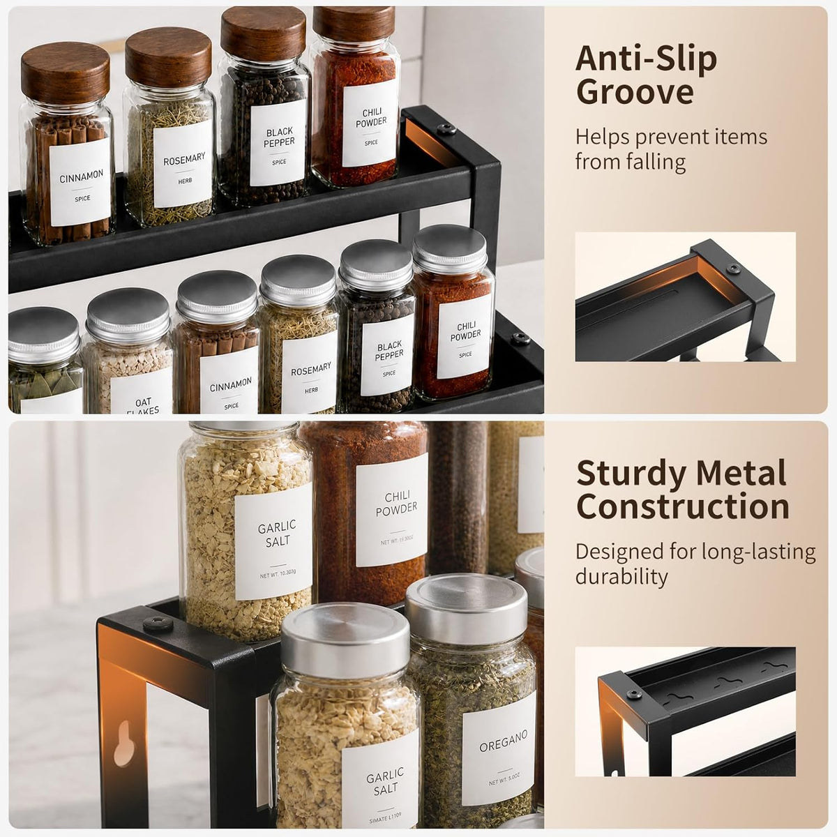 Expandable Spice Rack Organizer for Cabinet, 3-Tier Adjustable Spice Shelf 16"-29", Seasoning Organizer for Cabinet, Pantry & Countertop, Storage Rack for Jars, Bottles & Cans