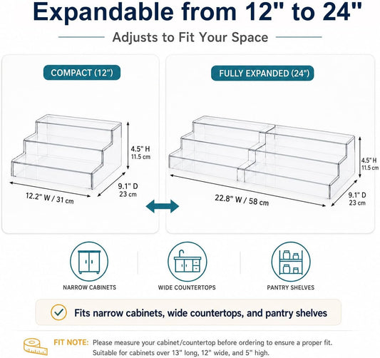 Expandable Can Rack Organizer for Pantry:3-Tier Clear Acrylic Canned Food Storage Holder, Adjustable Pantry Shelf for Kitchen Cabinet & Countertop, Holds Up to 24 Cans