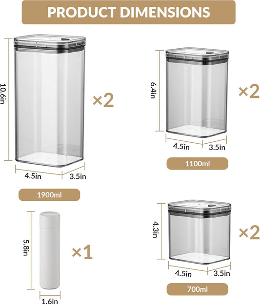 6Pcs Vacuum Seal Jars with Lids, Black, 2x1900ML + 2x1100ML + 2x700ML, 1 Manual Vacuum Pump, AS & Silicone Material, Airtight Food Storage Containers for Kitchen Pantry