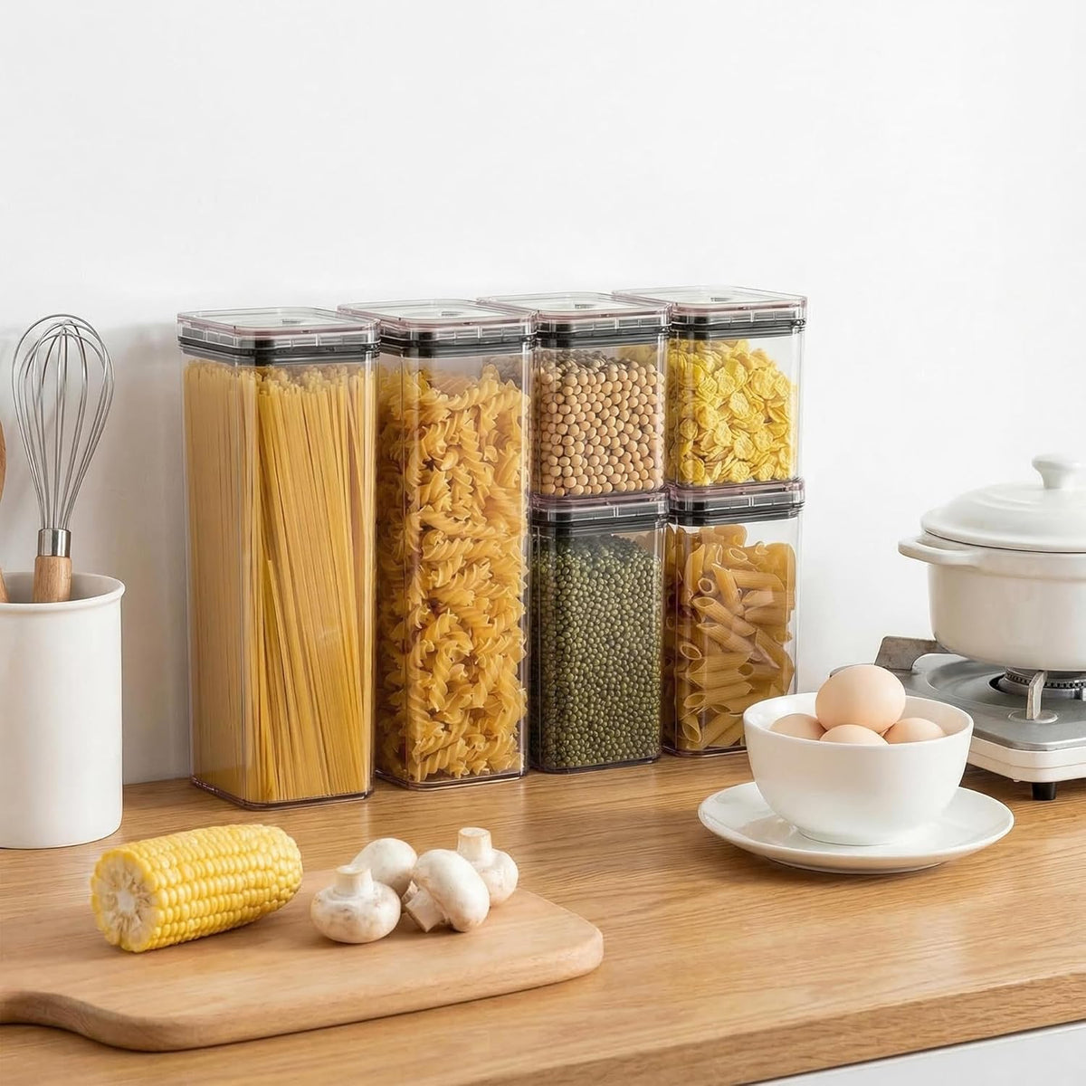 6Pcs Vacuum Seal Jars with Lids, Black, 2x1900ML + 2x1100ML + 2x700ML, 1 Manual Vacuum Pump, AS & Silicone Material, Airtight Food Storage Containers for Kitchen Pantry