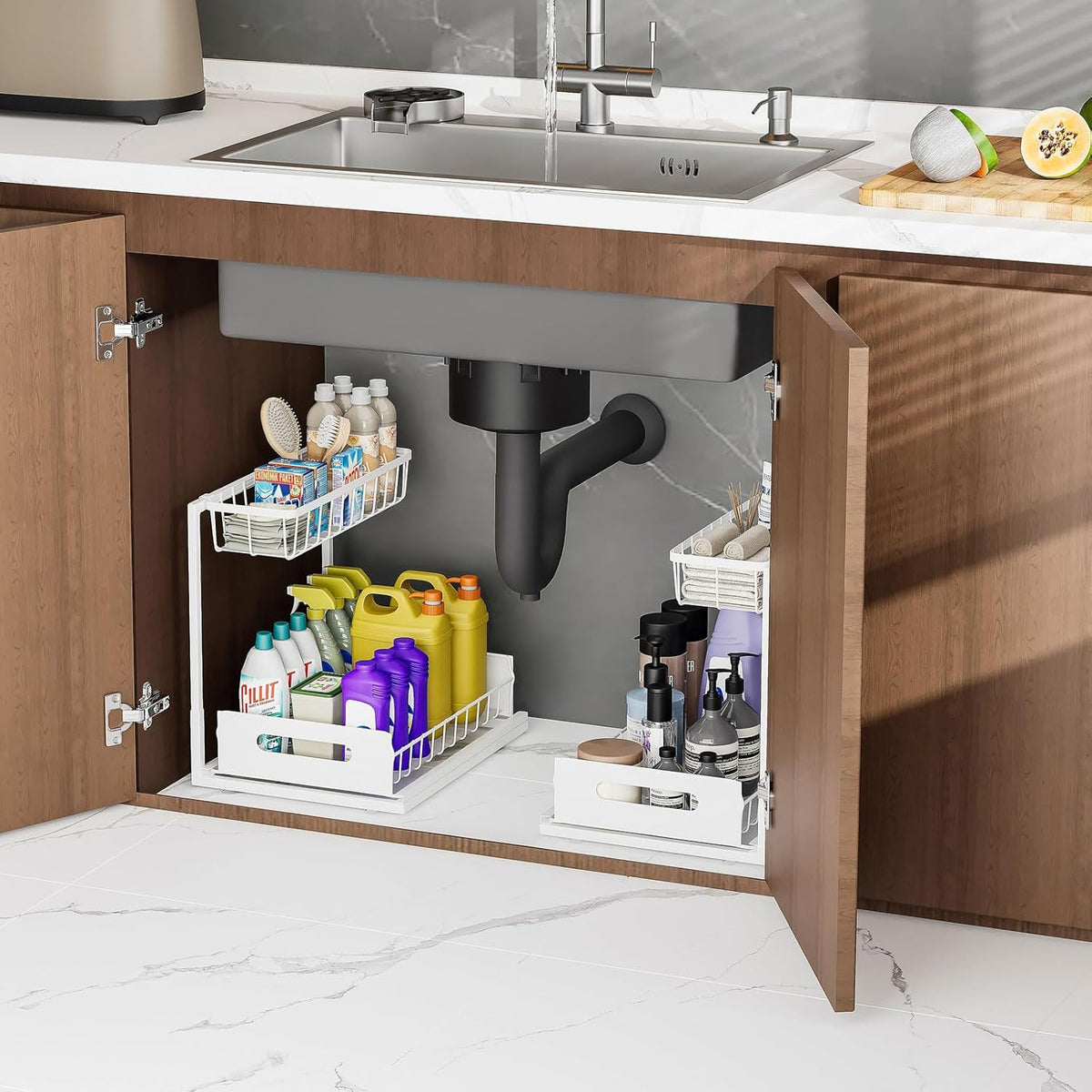 Slide Out Under Sink Organizers and Storage, White | 2 Tier, Sturdy Metal, Cabinet Organizer, for Kitchen Bathroom