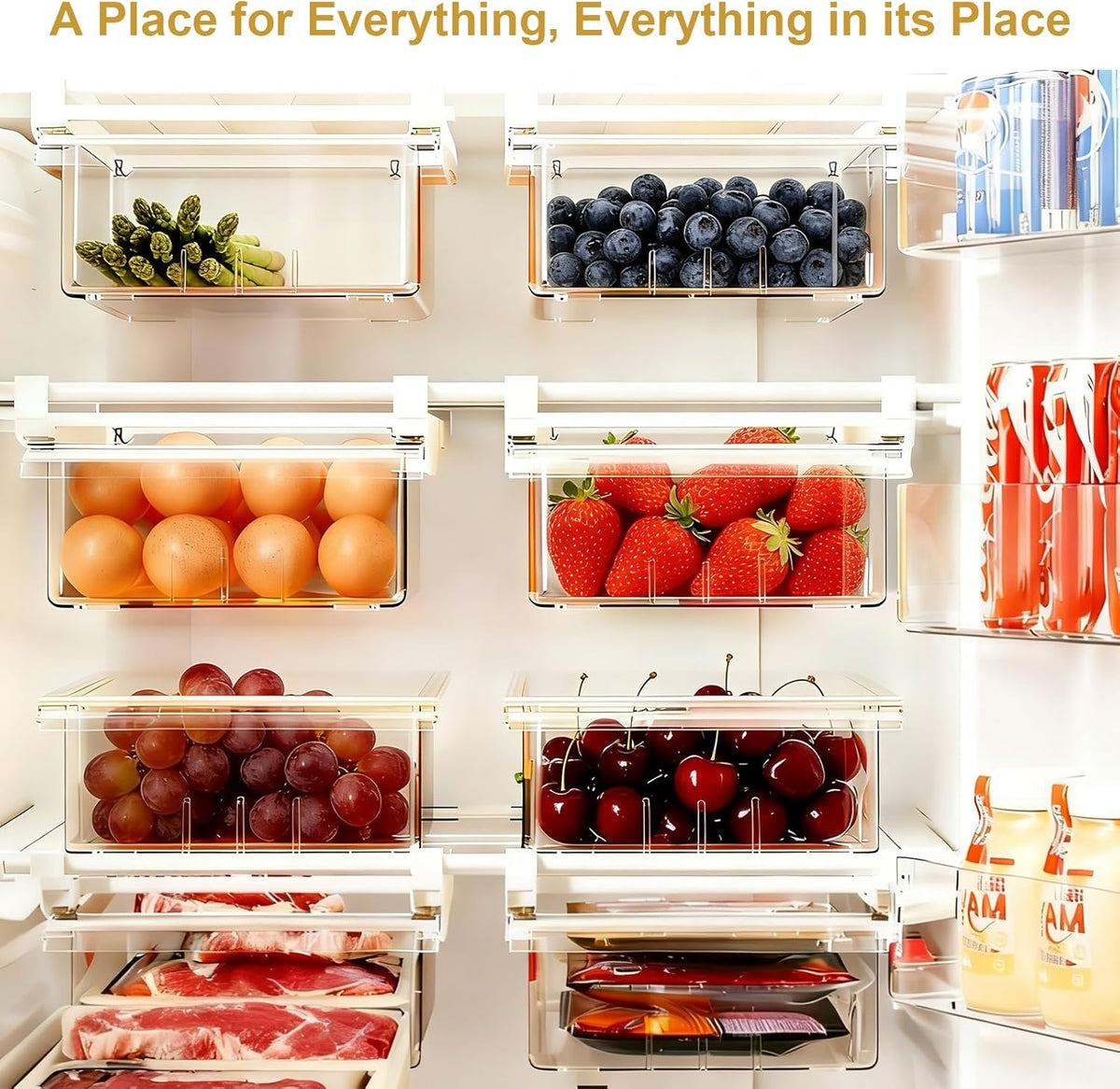Refrigerator Organizers Storage Fridge Drawer, Storage Containers - 2pc(S) | Under Shelf Drawer for Fruit, Deli, Cheese, Seafood, Pull Out Plastic Organizer Bins fit for Medium Fridge Shelf, Simple Use