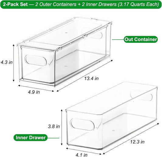 2 Pack Stackable Refrigerator Organizer Bins with Pull-Out Drawer, Clear BPA-Free Food Storage Containers for Fridge Freezer, Kitchen Pantry Cabinet & Bathroom Vanity Organization