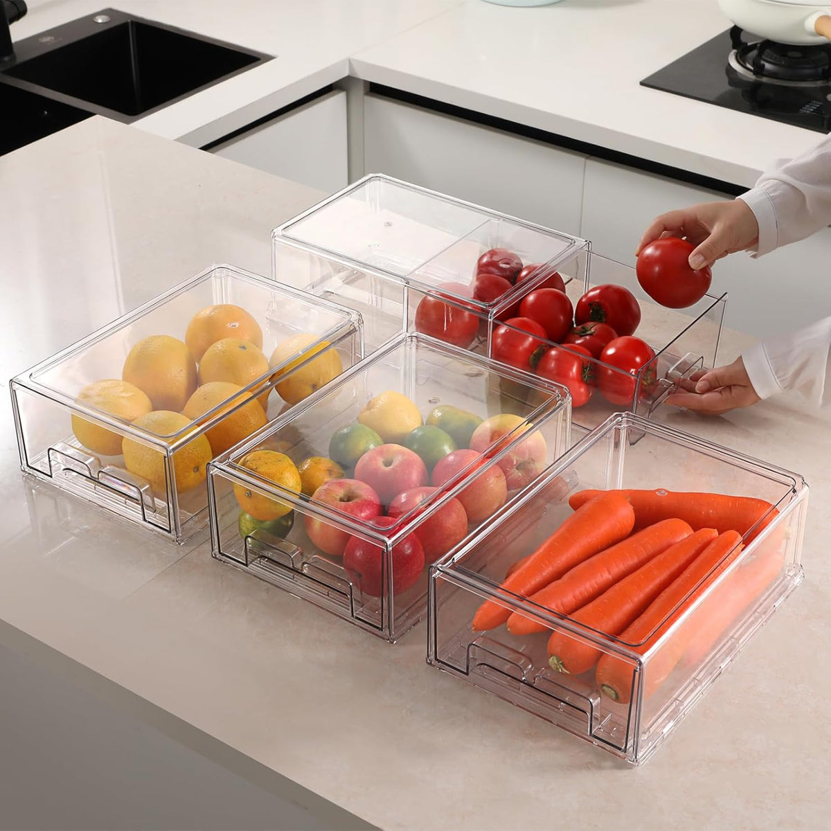 2 Pack Stackable Refrigerator Organizer Bins with Pull-Out Drawer, Clear BPA-Free Food Storage Containers for Fridge Freezer, Kitchen Pantry Cabinet & Bathroom Vanity Organization