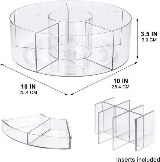 360° Rotating Makeup Organizer, 10" Clear Turntable Lazy Susan Organizer for Vanity, Bathroom Counter, Cabinet, Spinning Cosmetic Storage Holder with 6 Dividers for Skincare, Makeup Brushes, Lipsticks