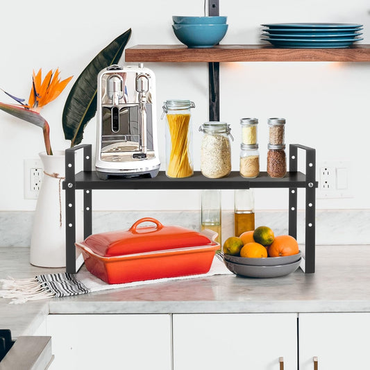Across-Star Expandable Cabinet Shelf Organizer Rack, Stackable Kitchen Counter Storage Shelves Stand, Adjustable Height Pantry Shelf Spice Rack (White, 2 Pack)