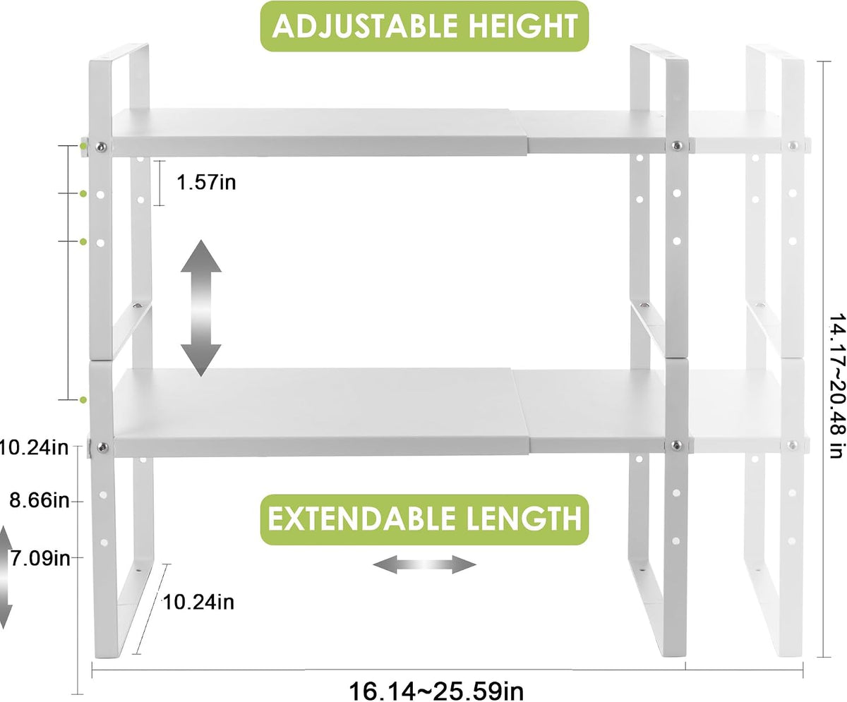 Across-Star Expandable Cabinet Shelf Organizer Rack, Stackable Kitchen Counter Storage Shelves Stand, Adjustable Height Pantry Shelf Spice Rack (White, 2 Pack)