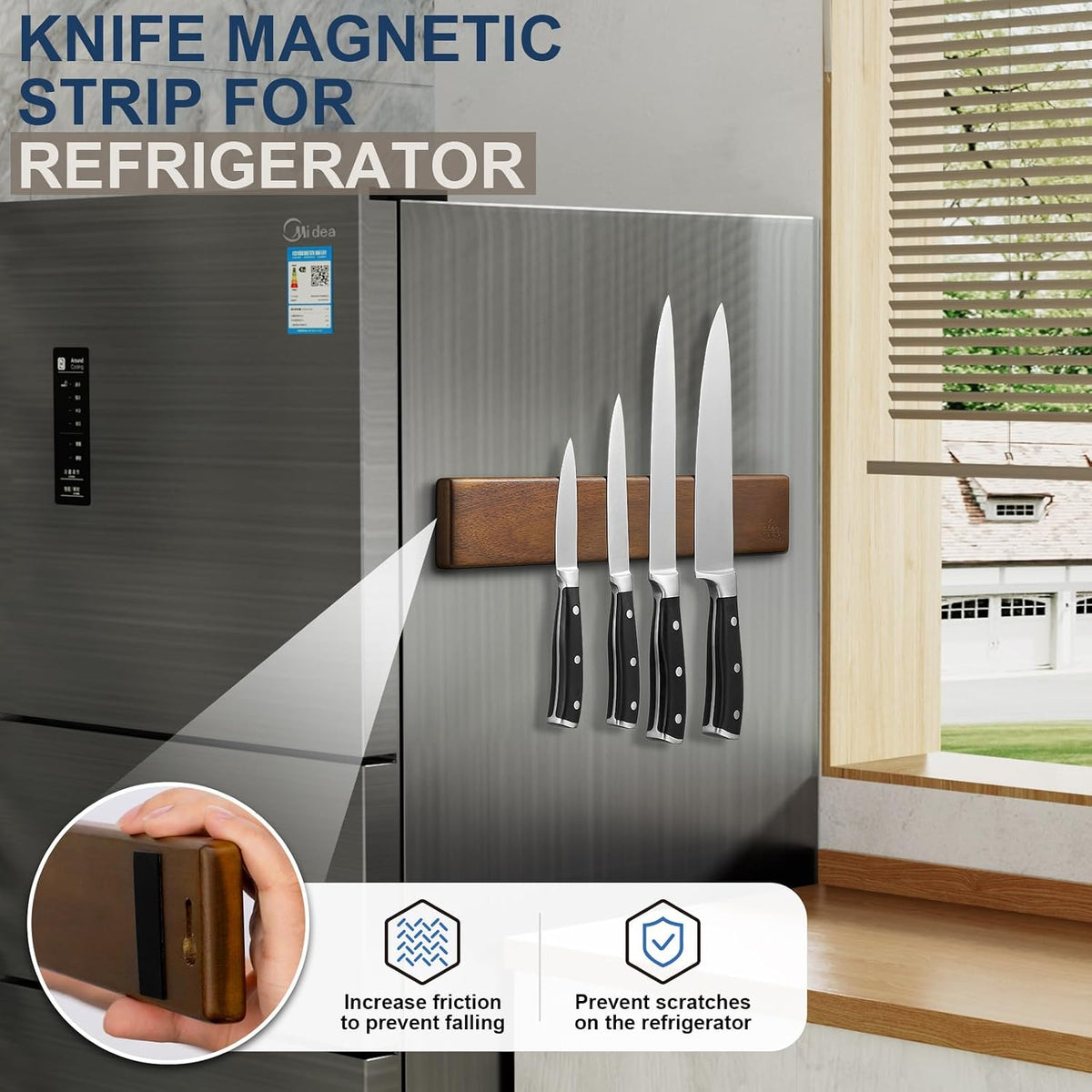 Magnetic Knife Holder for Wall, 16 Inch Acacia Wood Knife Strip, 4 Hooks