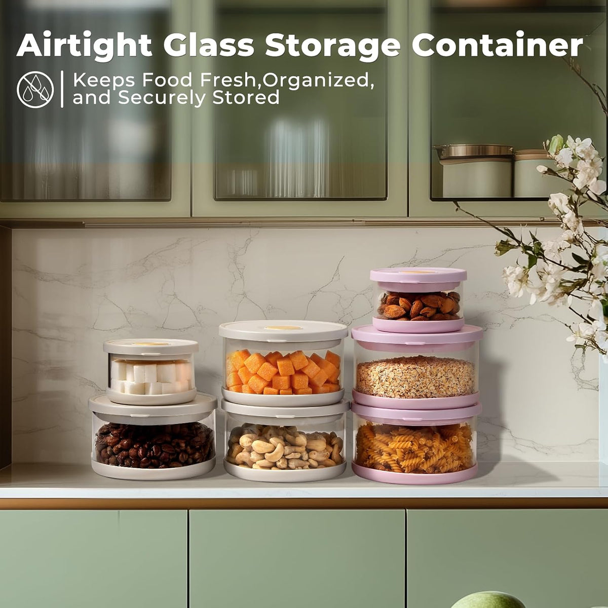 Glass Food Storage Containers with Airtight Lids, 33.8oz & 11.8oz High-Borosilicate Glass Meal Prep Containers with Spork, Bento Lunch Boxes for Salad, Ramen, Soup, Fruit - 2 Pack, White