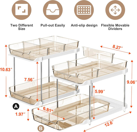 2-Tier Multi-Purpose Bathroom Under Sink Organizers and Storage, Stackable Kitchen Pantry Organization, Pull Out Medicine Cabinet Organizer with Movable Dividers, White