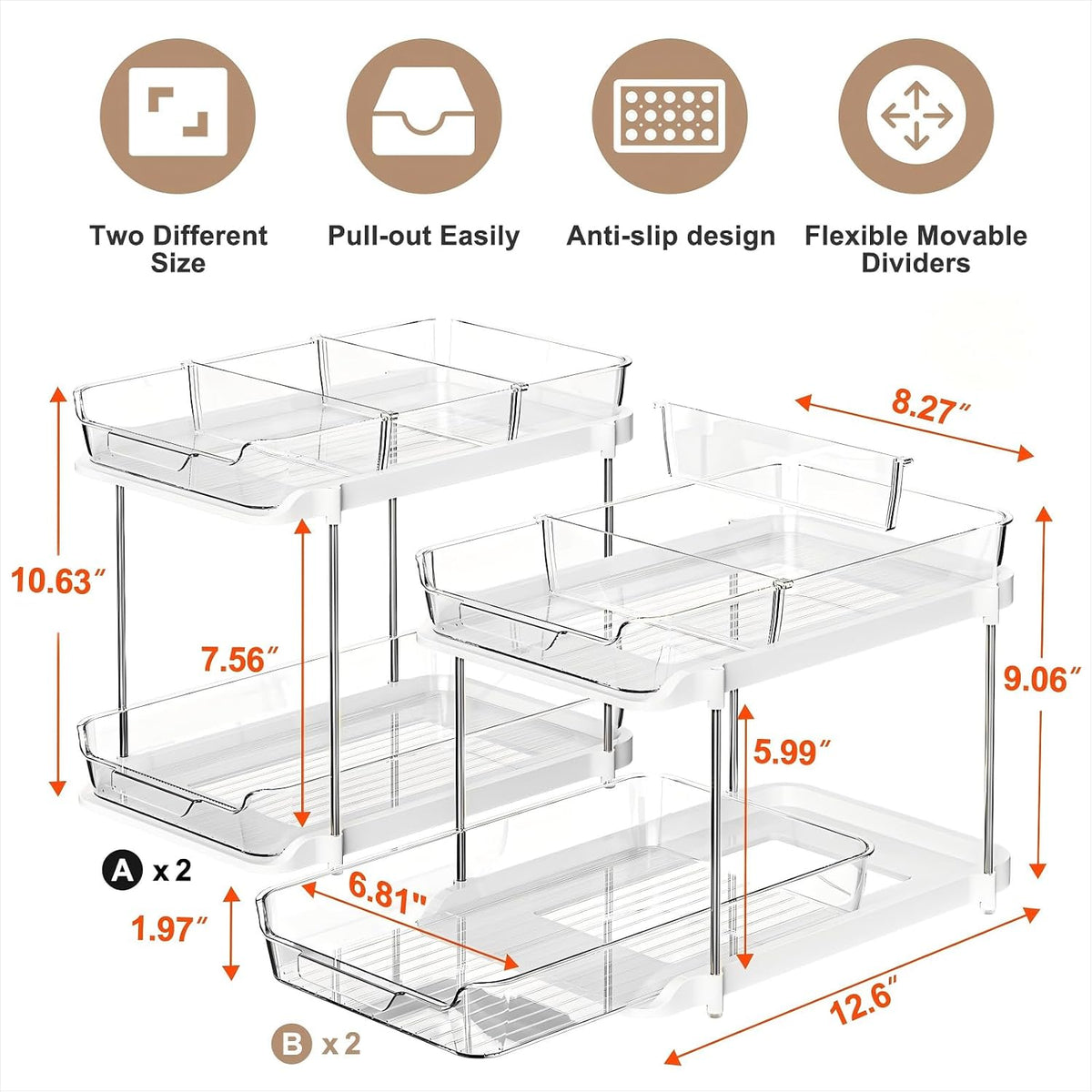 2-Tier Multi-Purpose Bathroom Under Sink Organizers and Storage, Stackable Kitchen Pantry Organization, Pull Out Medicine Cabinet Organizer with Movable Dividers, White