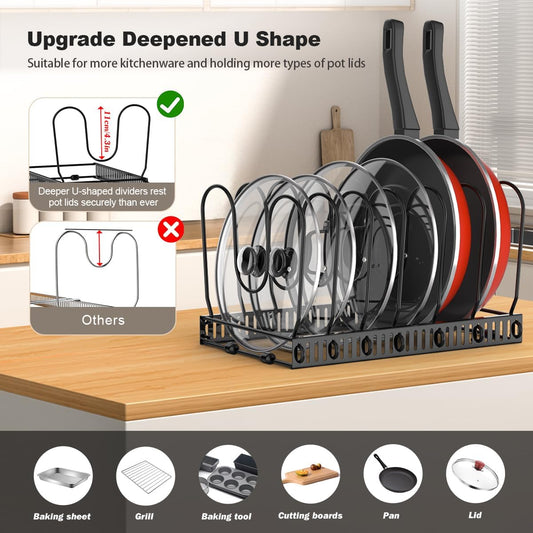 Pot and Pan Lid Organizer Holder Storage Rack, Black | 12"-23" Expandable, 14 Adjustable Dividers, Sturdy Metal Construction, Easy Assembly