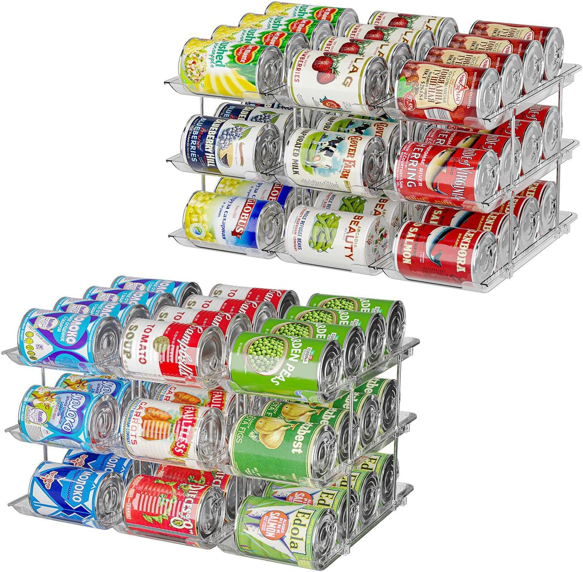 Jsyrjing Can Organizer for Pantry, 3-Tier Stackable Can Dispenser Rack | Automatic Rolling, Modular Flexible Combination, Extra-Thick Clear Material, Cabinet Pantry Fridge Countertop Storage