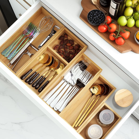 Bamboo Drawer Organizer Set, Individual Wood Storage Organizers
