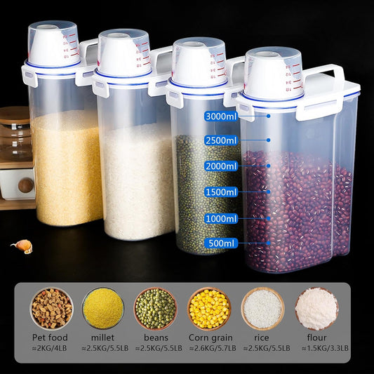 5.5 Lbs Rice Airtight Dry Food Storage Container Set of 4, Rice Storage Bin Cereal Containers Dispenser, Thicken Plastic Clear Food Storage Box with Pouring Spout, Measring Cup for Grain, Flour Snacks | BPA Free, Airtight Lid, with Pouring Spout, Clear,