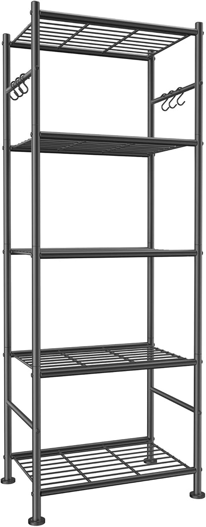 5-Tier Storage Rack Organizer with Hooks, Heavy Duty Metal Garage Rack with Leveling Feet, Freestanding Utility Rack for Bedroom, Balcony and Garage, 18.1"×12.4"×56.8", Black