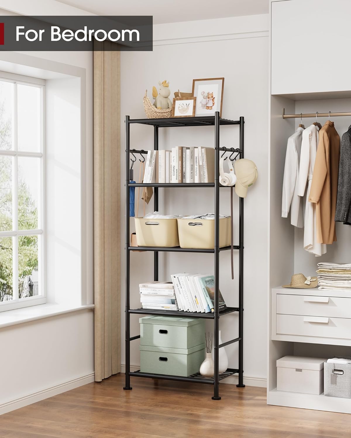 5-Tier Storage Rack Organizer with Hooks, Heavy Duty Metal Garage Rack with Leveling Feet, Freestanding Utility Rack for Bedroom, Balcony and Garage, 18.1"×12.4"×56.8", Black