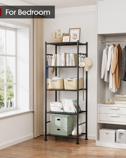5-Tier Storage Rack Organizer with Hooks, Heavy Duty Metal Garage Rack with Leveling Feet, Freestanding Utility Rack for Bedroom, Balcony and Garage, 18.1"×12.4"×56.8", Black