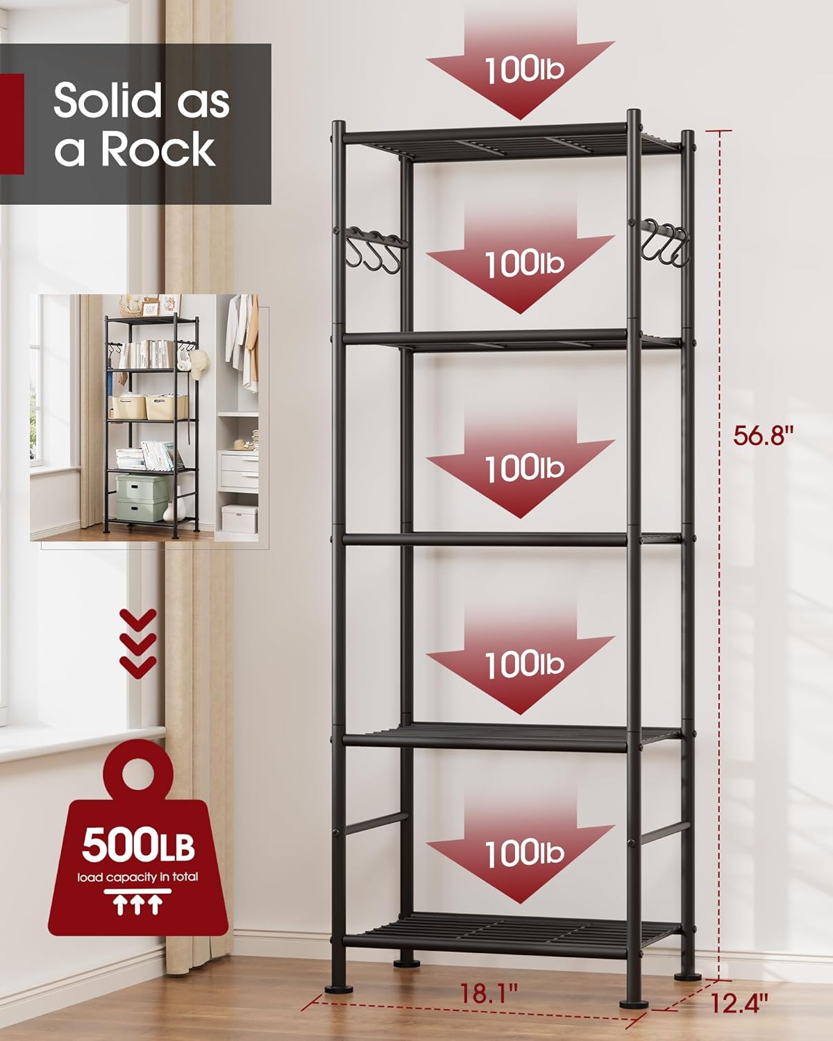 5-Tier Storage Rack Organizer with Hooks, Heavy Duty Metal Garage Rack with Leveling Feet, Freestanding Utility Rack for Bedroom, Balcony and Garage, 18.1"×12.4"×56.8", Black