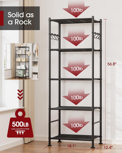 5-Tier Storage Rack Organizer with Hooks, Heavy Duty Metal Garage Rack with Leveling Feet, Freestanding Utility Rack for Bedroom, Balcony and Garage, 18.1"×12.4"×56.8", Black