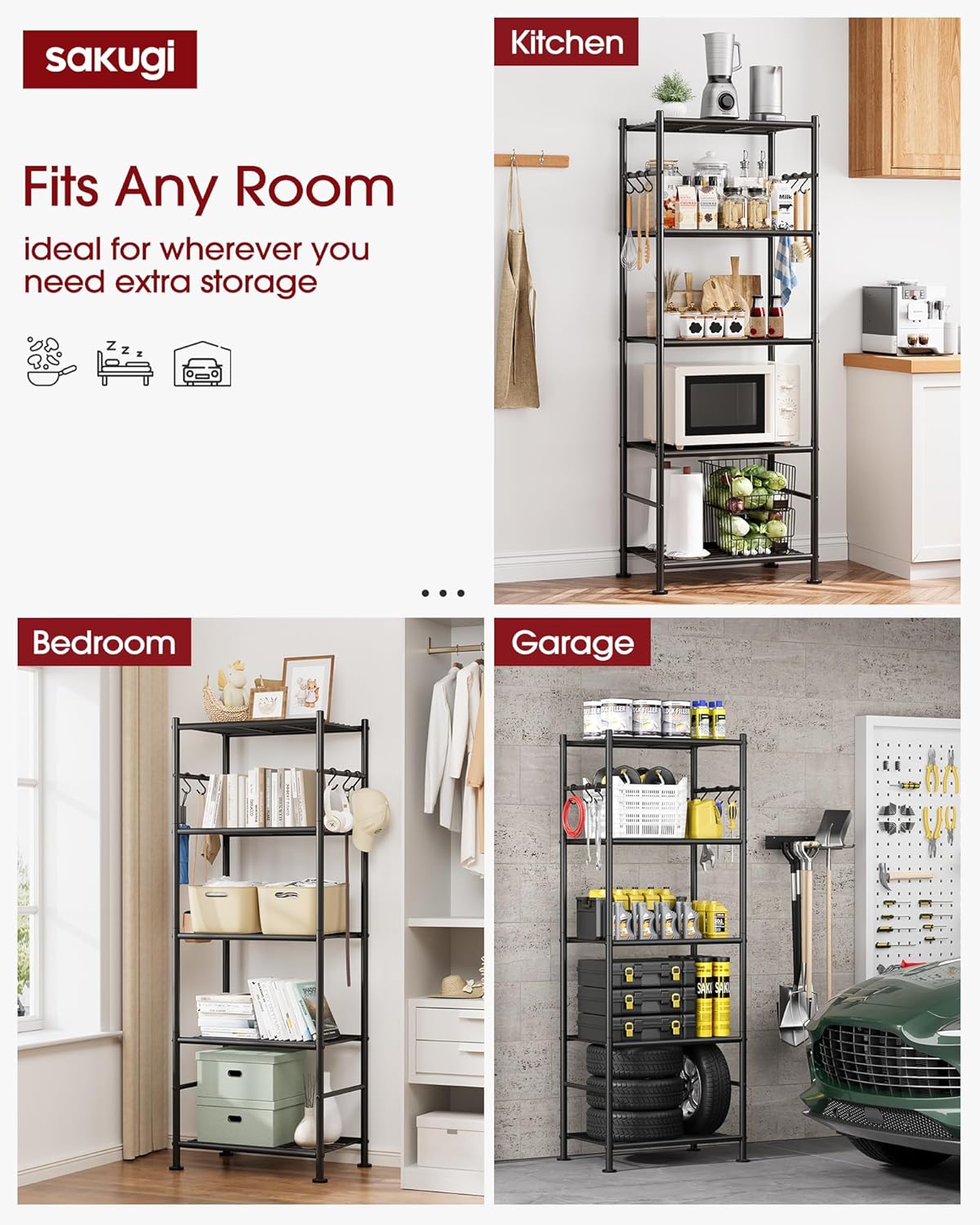 5-Tier Storage Rack Organizer with Hooks, Heavy Duty Metal Garage Rack with Leveling Feet, Freestanding Utility Rack for Bedroom, Balcony and Garage, 18.1"×12.4"×56.8", Black