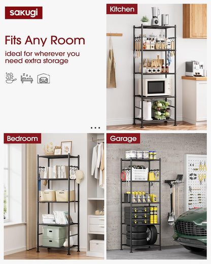 5-Tier Storage Rack Organizer with Hooks, Heavy Duty Metal Garage Rack with Leveling Feet, Freestanding Utility Rack for Bedroom, Balcony and Garage, 18.1"×12.4"×56.8", Black