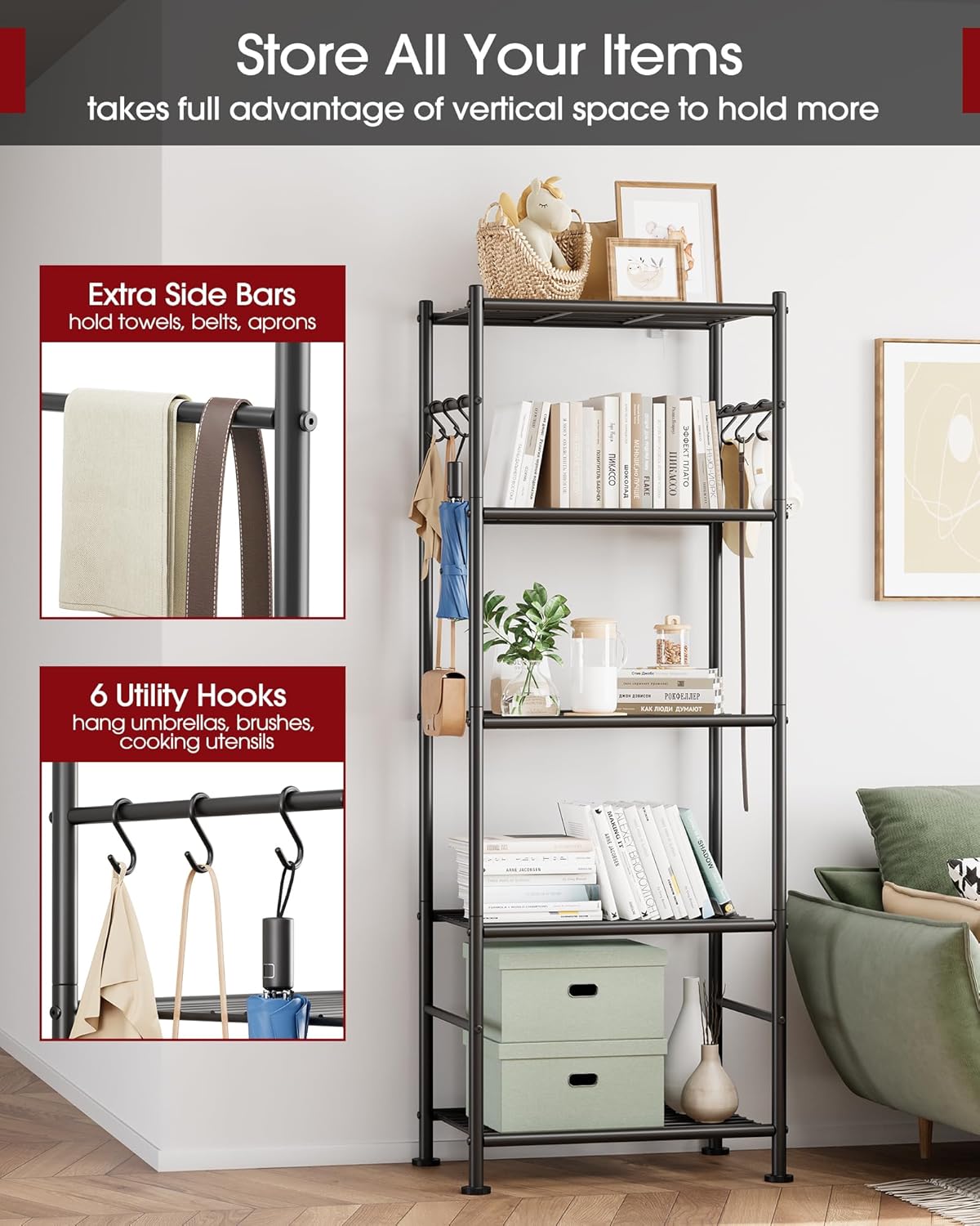 5-Tier Storage Rack Organizer with Hooks, Heavy Duty Metal Garage Rack with Leveling Feet, Freestanding Utility Rack for Bedroom, Balcony and Garage, 18.1"×12.4"×56.8", Black
