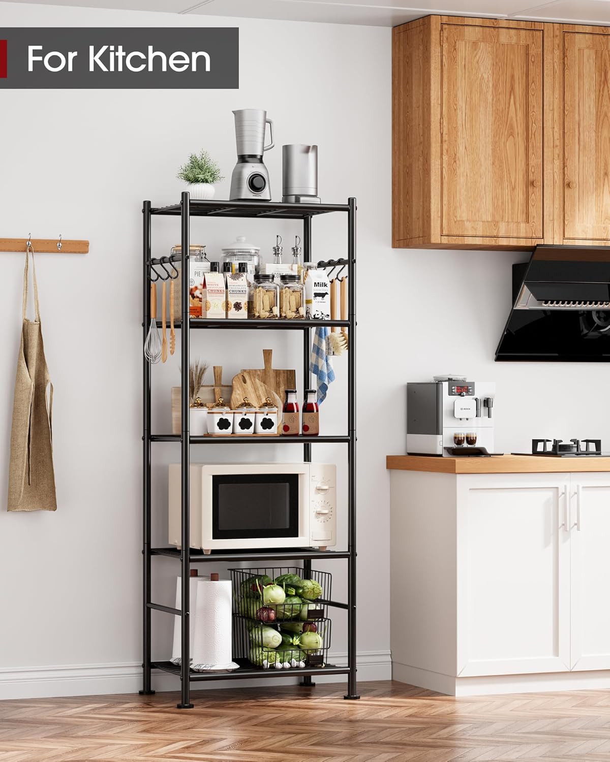 5-Tier Storage Rack Organizer with Hooks, Heavy Duty Metal Garage Rack with Leveling Feet, Freestanding Utility Rack for Bedroom, Balcony and Garage, 18.1"×12.4"×56.8", Black
