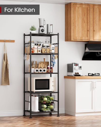 5-Tier Storage Rack Organizer with Hooks, Heavy Duty Metal Garage Rack with Leveling Feet, Freestanding Utility Rack for Bedroom, Balcony and Garage, 18.1"×12.4"×56.8", Black