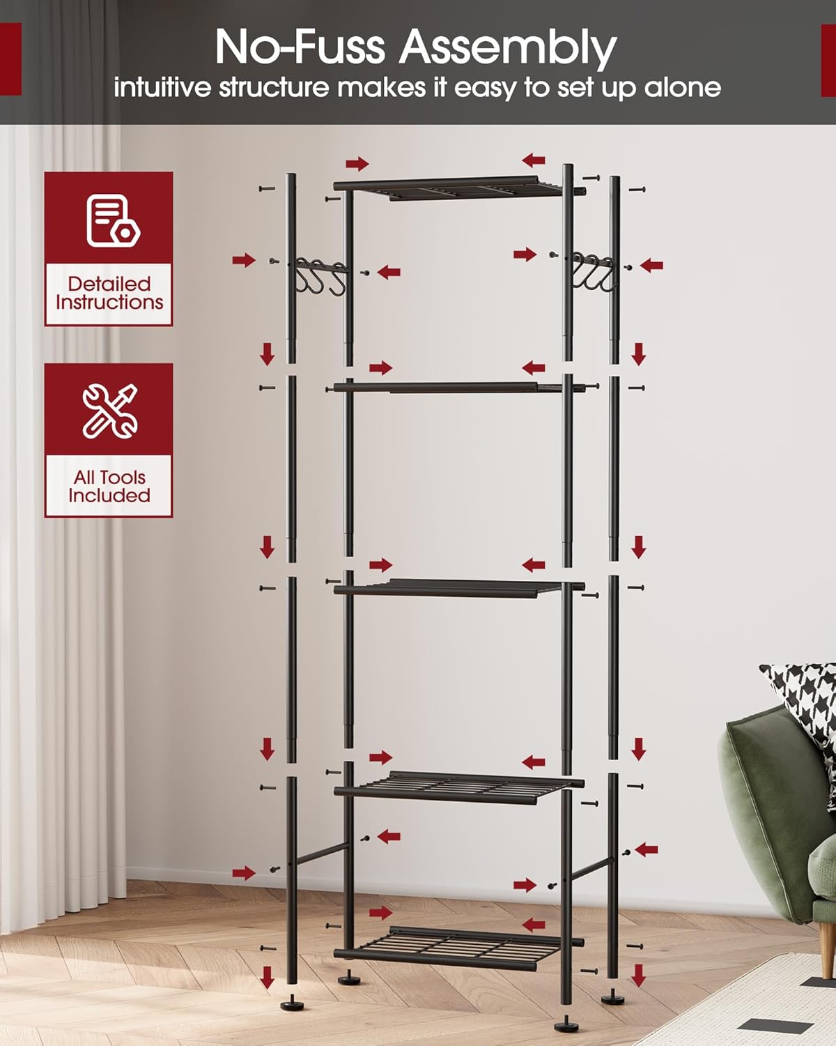 5-Tier Storage Rack Organizer with Hooks, Heavy Duty Metal Garage Rack with Leveling Feet, Freestanding Utility Rack for Bedroom, Balcony and Garage, 18.1"×12.4"×56.8", Black